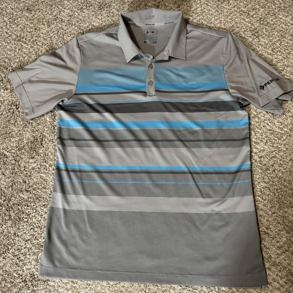 Adidas Golf Polo Shirt Mens Medium Gray Striped Climacool Pentair Branding